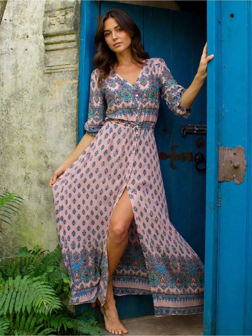 Printed Pink Boho Maxi Dress with Side Slit